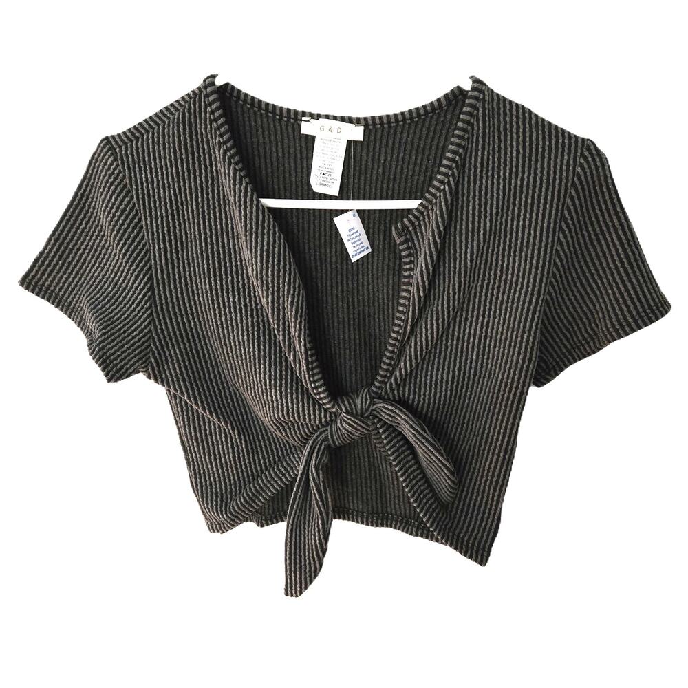 G & D Size Large Women's Charcoal Ribbed Tie Front Crop Top